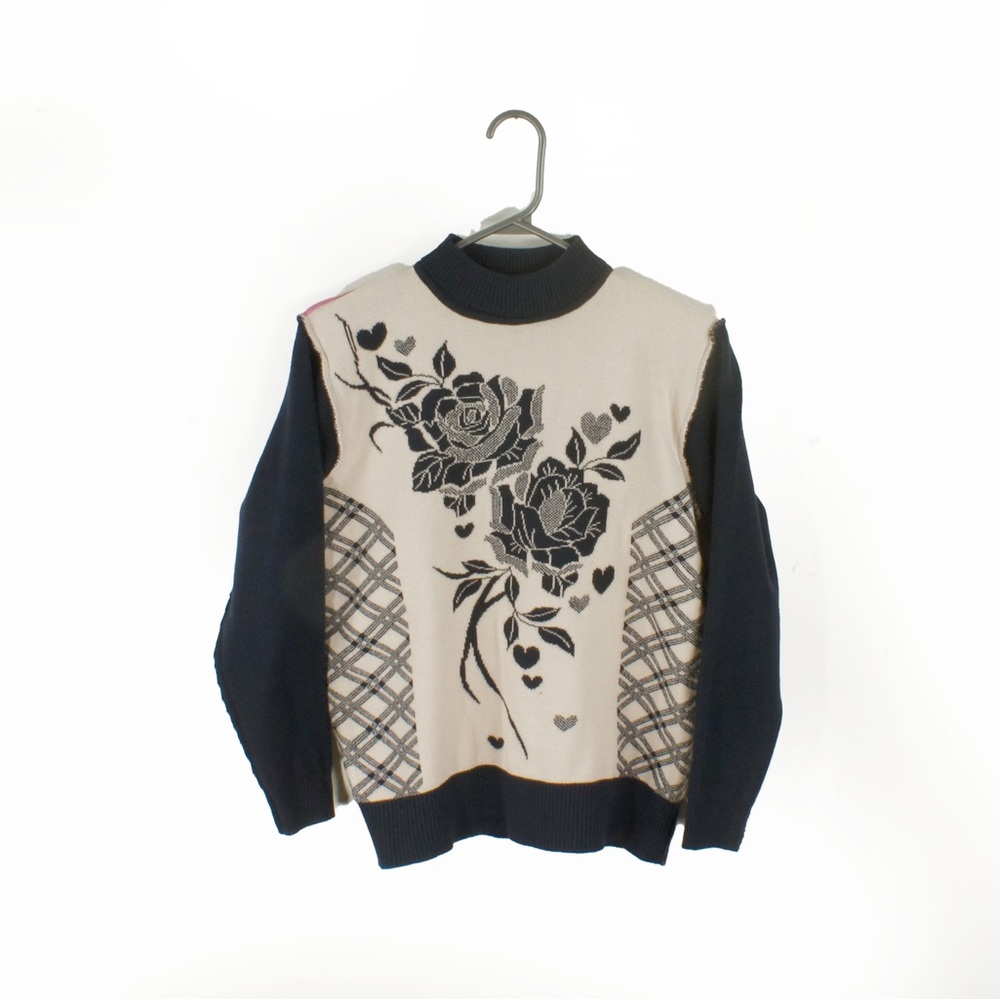 Vintage Rose Floral Dark Navy Knit Pullover Sweater Top - Picture 5 of 6